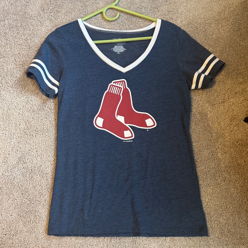 Blue V-Neck T-Shirt with Red Socks Logo
